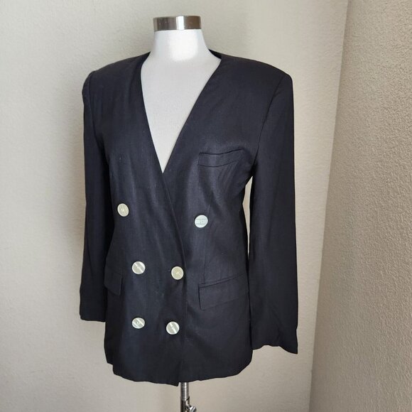 MICHELLE STUART Women size 6 Black Linen‎ Blazer Double Breasted Made in USA - Picture 2 of 16